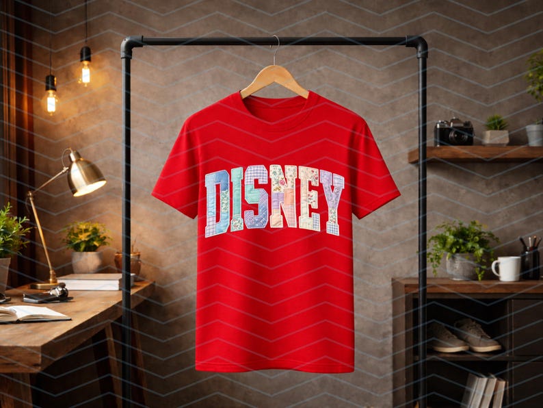 May include: A bright red short-sleeved t-shirt featuring the word DISNEY printed across the chest in large, block-style letters. Each letter is filled with a unique, colorful patchwork pattern consisting of various floral and geometric designs.