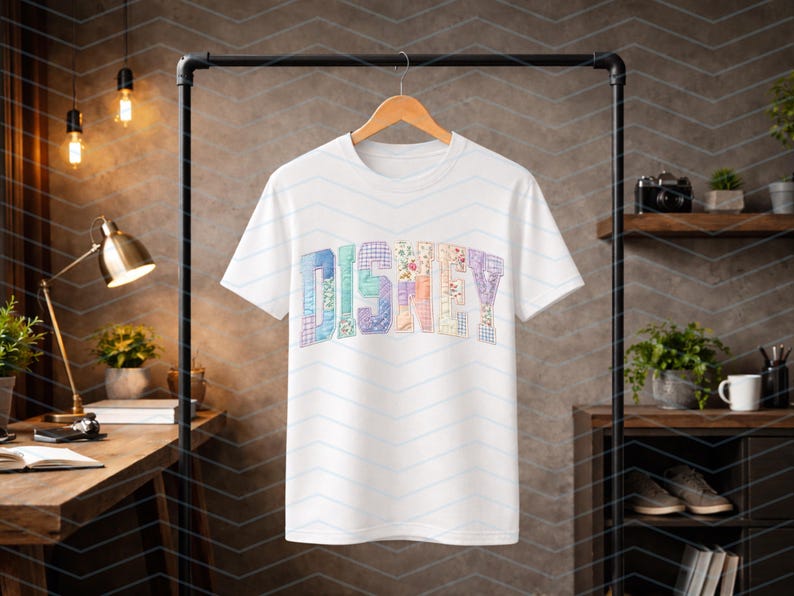 May include: A white short-sleeved t-shirt featuring the word DISNEY printed across the chest in a multi-colored, patterned block font. Each letter displays a unique design, including floral, plaid, and geometric prints in pastel shades.