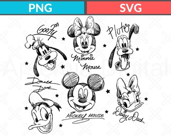 Vintage Mickey and Friends Signatures Svg, Mickey & Co Baby Png Crop Tank, Mickey Sketch Svg, Disney Sketch Png, Disney Family Svg