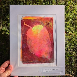 Warm Autumn Leaf Original Botanical Mixed Media Monotype, Original 8.5x11-Inch Matted Artwork