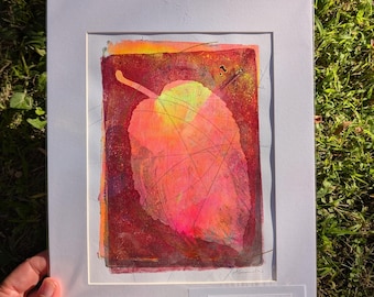 Warm Autumn Leaf Monotype Painting Pink Orange Botanical Original Artwork Fall Foliage Living Room Decor Cozy Bedroom Wall Art Sister Gift