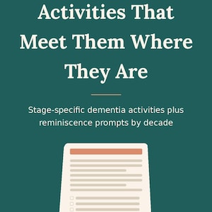 May include: A dark teal informational poster titled RN-AUTHORED 3 STAGES Activities That Meet Them Where They Are. It includes the subtitle Stage-specific dementia activities plus reminiscence prompts by decade, a document icon, and CareCompassPrints.