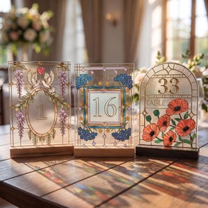 May include: Three rectangular and arched acrylic table signs with wooden bases. The first sign displays the number 1 with doves and wisteria. The second sign shows the number 16 with blue flowers. The third sign features the number 33 with red poppies.