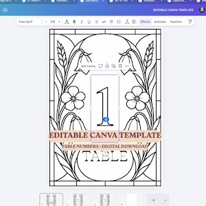 May include: A digital template for a table number card featuring a black and white line art illustration of flowers and wheat stalks in a stained glass style frame. The center displays the number 1 with the text EDITABLE CANVA TEMPLATE.
