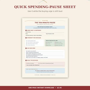 May include: A cream-colored Quick Spending-Pause Sheet featuring dark red text and sections for managing shopping urges. The document includes prompts to name the purchase, interrupt the process, ask a wise mind, and delay the final decision.