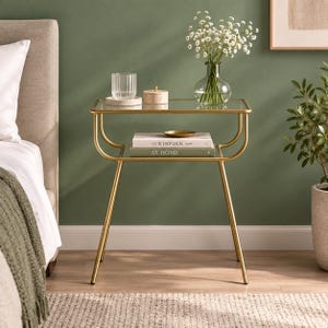 Modernt sidobord i glas, sidobord i metall, nattduksbord, sidobord för soffa, accentbord för vardagsrum, minimalistisk heminredning