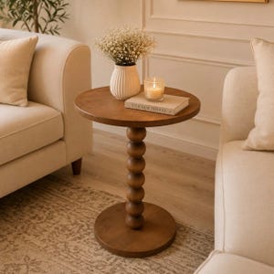 Round Wood Side Table, Solid Pine End Table, Pedestal Accent Table, Small Drink Table, Sofa Side Table, Handmade Wood Furniture