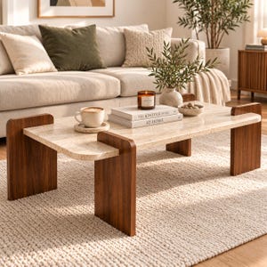Peut inclure: Une table basse rectangulaire dotée d'un plateau en pierre beige mouchetée lisse, soutenue par deux pieds en bois brun foncé. La table supporte une tasse en céramique sur une soucoupe, une bougie en pot, deux livres empilés et un petit bol décoratif.
