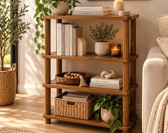 Solid Wood Bookshelf, 4 Tier Bookcase, Wooden Open Shelving Unit, Freestanding Storage Shelf, Rustic Farmhouse Living Room Furniture