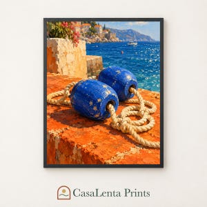 Décoration murale à imprimer : flotteurs de pêche bleus et corde sur le quai Orange.