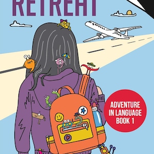 Może przedstawiać: Okładka książki zatytułowana Punctuation Retreat, Adventure in Language Book 1 autorstwa G. L. Sinclair. Przedstawia osobę z ciemnymi włosami w fioletowej bluzie z kapturem i pomarańczowym plecaku, otoczoną przez małe rysunkowe postacie.