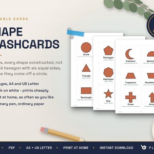 May include: A set of printable shape flashcards featuring 18 cards across 4 pages. Each card displays a terracotta-colored geometric shape with its name and description in black text on a white background. The set includes shapes like circle, triangle, rectangle, pentagon, heptagon, star, crescent, semicircle, trapezium, parallelogram, cross, and arrow.
