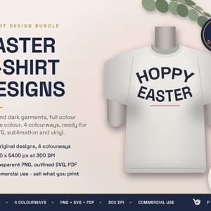 Peut inclure: Un lot numérique de 12 motifs de t-shirts de Pâques avec le texte Hoppy Easter en bleu foncé sur un t-shirt blanc. L'ensemble comprend 4 coloris, 4500 x 5400 px à 300 DPI, et des fichiers PNG, SVG et PDF pour l'impression DTF, DTG et vinyle.
