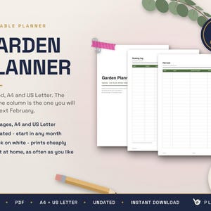 May include: A printable garden planner with 15 pages in A4 and US Letter sizes. The document features black text on white paper, including sections for a sowing log and harvest tracking. The design is undated and includes a pencil and coffee cup.
