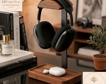 Solid Wood Headphone Stand with Tray, Aluminum Desk Organizer