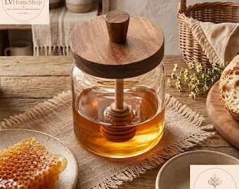 Handgefertigtes Honigglas aus Glas mit Deckel aus Akazienholz und Honiglöffel