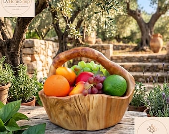 Handmade Olive Wood Fruit Bowl, Rustic Carved Serving Basket