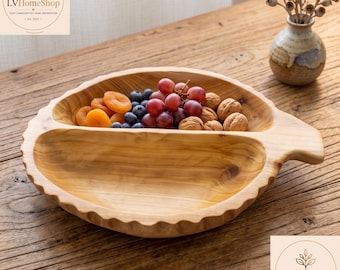Handmade Olive Wood Divided Serving Bowl | Fruit & Snack Tray