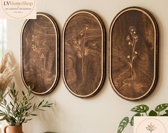 Handmade Walnut Floral Wall Decor Set of 3 | Botanical Wall Art