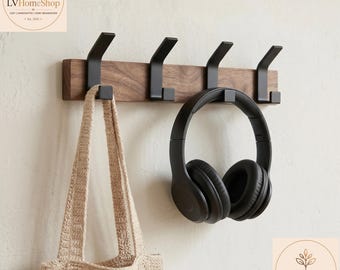 Modern Walnut Wall Coat Rack, Handmade Wood Hooks, Entryway Organizer