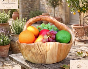 Handmade Olive Wood Fruit Bowl, Rustic Carved Serving Basket