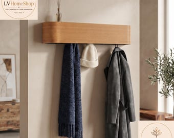 Handmade Walnut Wall Coat Rack, Floating Shelf & Space Saving Organizer