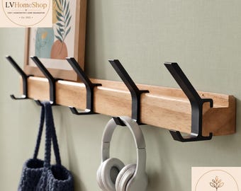Handmade Acacia Wall Coat Rack | Adjustable Sliding Hook Organizer