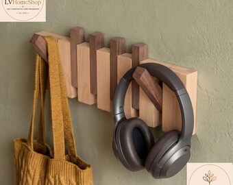 Handmade Walnut Oak Coat Rack | Wooden Wall Hooks Organizer