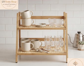 Handgefertigter Bambus-Arbeitsplattenorganizer, Kaffeebar, 2-stöckiger Küchenarbeitsplattenorganizer