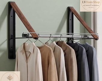 Handgefertigte, faltbare Wandgarderobe aus Massivholz, platzsparender Organizer/2-teiliger Kleiderbügel