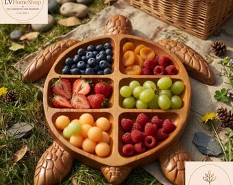 Hand Carved Wooden Turtle Serving Tray, 6-Compartment Fruit Bowl, Nature Gift