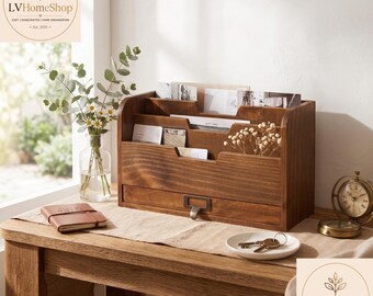 Handmade Walnut Desk Organizer with Drawer, Mail & Office Storage