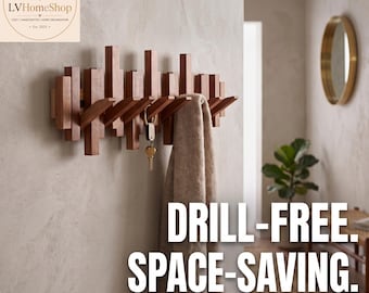 Handmade Walnut & Oak No-Drill Wall Coat Rack, Space Saving Hooks