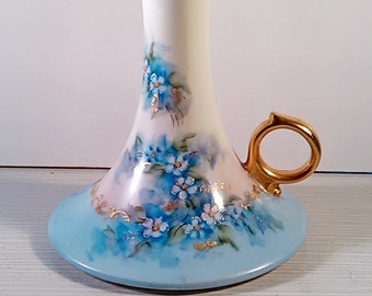 Royal Bavaria Hand Painted White and Blue Floral Gold Gilt Porcelain Candlestick Holder