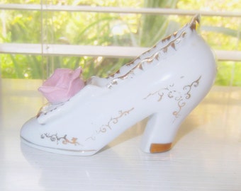 Vintage White Procelain Rose Decorated High Heeled Pump Shoe