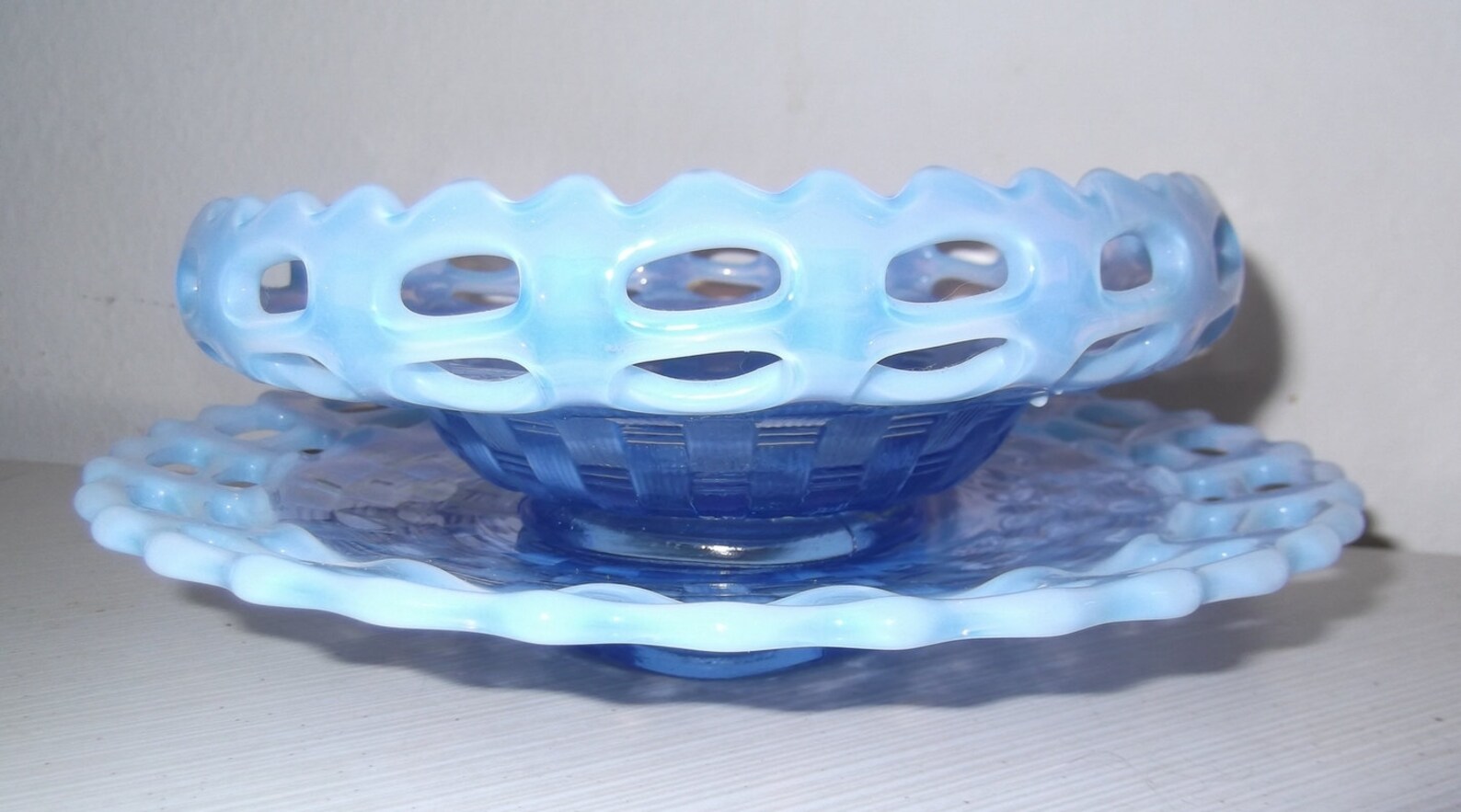 Fenton Blue Basket Weave Pattern Opalescent 2 Row Open Edge Rimmed