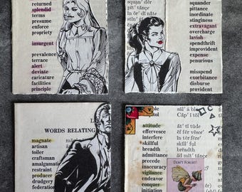 Vintage ordförrådskollage ATC-kort | Blandteknik ordbokskonst (set om 4)