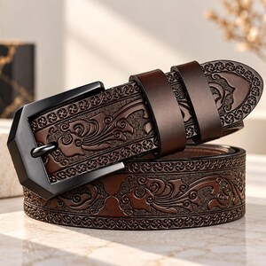 May include: A dark brown belt featuring an intricate embossed floral pattern along the strap and a smooth, solid dark brown finish on the keepers. The belt is secured with a matte black metal buckle that has a geometric, angular frame design.