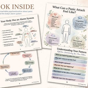 May include: Four educational pages about panic attacks featuring watercolour illustrations and text. The pages include diagrams titled Your Body Has an Alarm System, What Can a Panic Attack Feel Like, The Panic Cycle, and Understanding Your Pattern.