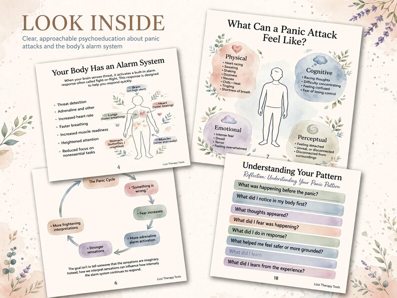 May include: Four educational pages about panic attacks featuring watercolour illustrations and text. The pages include diagrams titled Your Body Has an Alarm System, What Can a Panic Attack Feel Like, The Panic Cycle, and Understanding Your Pattern.