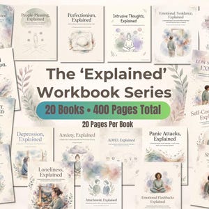 Może przedstawiać: Kolekcja 20 zeszytów ćwiczeń pod tytułem The Explained Workbook Series, łącznie 400 stron, po 20 stron w każdej książce. Każda okładka zawiera akwarelowe ilustracje oraz tytuły takie jak Trauma, Burnout i Anxiety, Explained.
