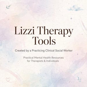 May include: A square graphic with a soft, watercolour-style background in pastel shades of pink, blue, and purple. The text reads: Lizzi Therapy Tools, Created by a Practicing Clinical Social Worker, Practical Mental Health Resources for Therapists & Individuals.