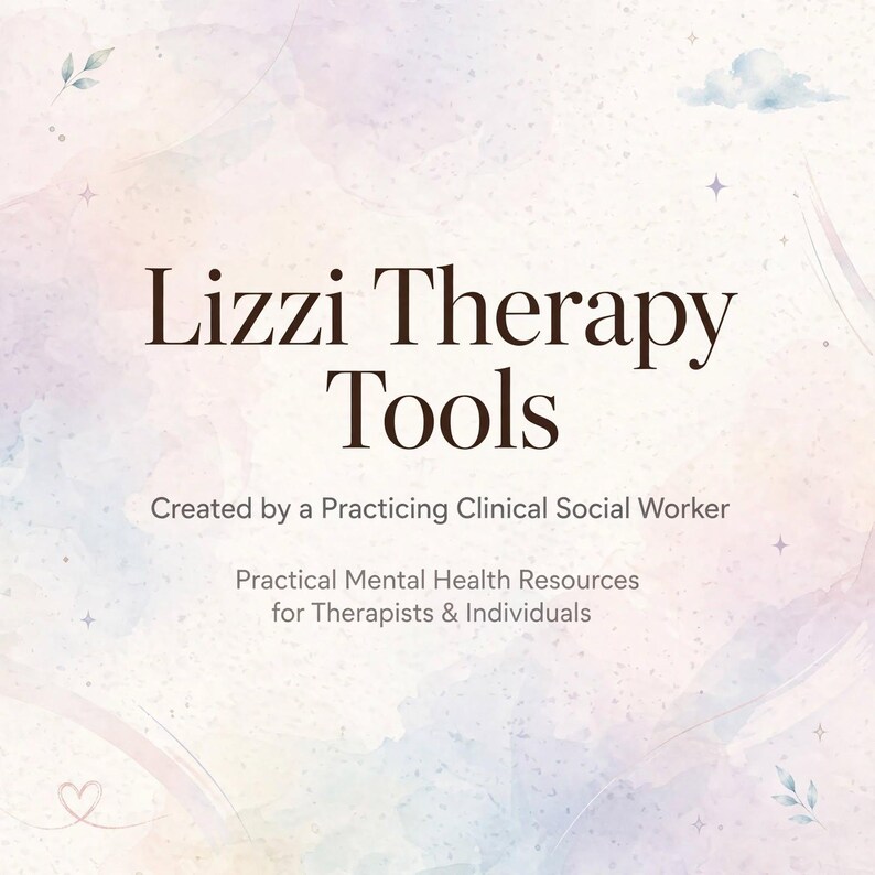 May include: A square graphic with a soft, watercolour-style background in pastel shades of pink, blue, and purple. The text reads: Lizzi Therapy Tools, Created by a Practicing Clinical Social Worker, Practical Mental Health Resources for Therapists & Individuals.