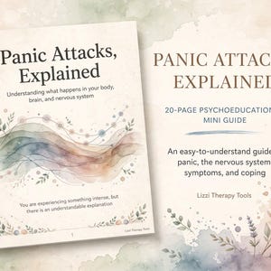Puede incluir: Una miniguía psicoeducativa de 20 páginas titulada Panic Attacks, Explained. La portada presenta ilustraciones en acuarela de hojas y ondas abstractas en tonos suaves, con texto sobre el sistema nervioso, síntomas y afrontamiento.
