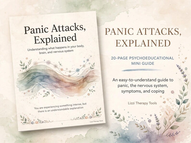 May include: A 20-page psychoeducational mini guide titled Panic Attacks, Explained. The cover features watercolour illustrations of leaves and abstract waves in muted tones, with text explaining the nervous system, symptoms, and coping.
