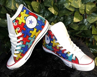 Custom Baby and Kids Bling Puzzle High Tops Rhinestone High Tops Autism Acceptance Autism Awareness