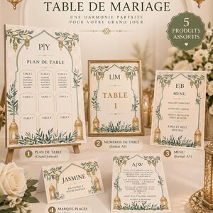 May include: A wedding stationery set featuring a large seating chart, table number card, menu, place card, and thank you card. Each piece displays a gold lantern and green foliage arch design with the text PACK TABLE DE MARIAGE.