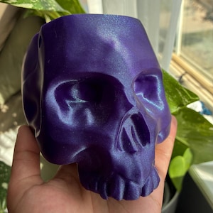 May include: A skull-shaped planter with a deep purple, metallic, and shimmering finish. The object features a hollow top opening for a plant, with defined eye sockets, a nasal cavity, and teeth, showcasing a smooth, reflective surface texture.