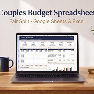 Puede incluir: Una pantalla de portátil que muestra una hoja de cálculo de presupuesto para parejas con un panel anual, incluyendo tablas de ingresos, gastos y contribuciones, con el texto Couples Budget Spreadsheet Fair Split Google Sheets & Excel.