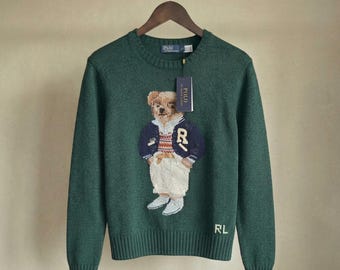 Ralph Lauren Green Polo Bear Knit Sweater | Vintage Old Money Jumper